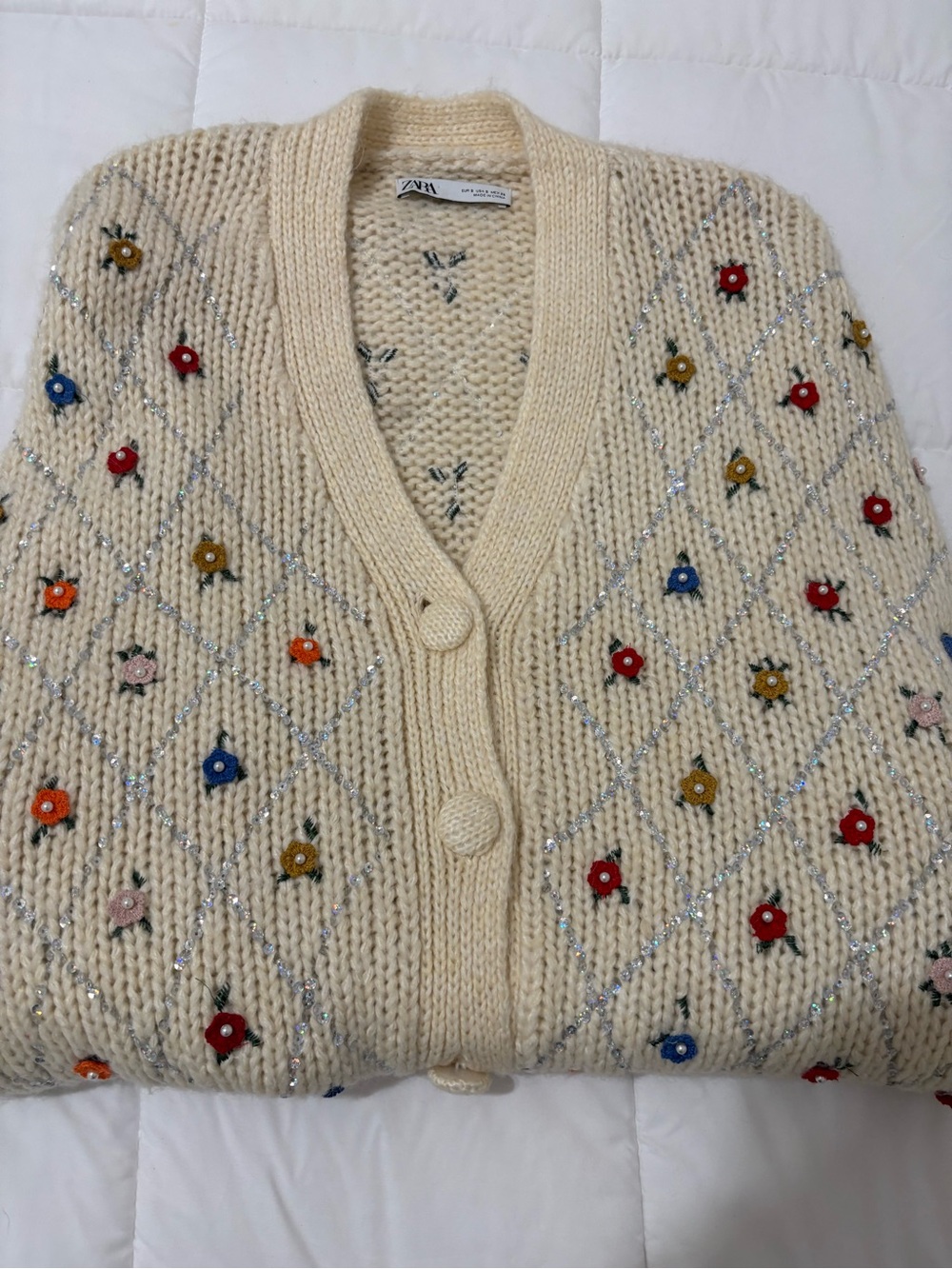 ZARA limited edition Cardigan with Multicolor Floral Embroidery and Sparkles- - Picture 3 of 5